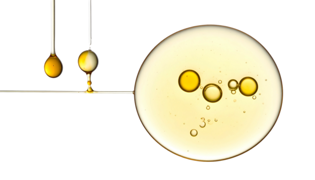 Macro shot of oil droplets and a large circular pool with bubbles, against a black backdrop