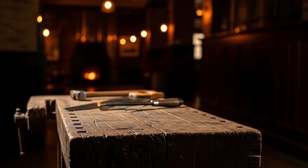 Vintage woodworking tools resting on a rustic wooden workbench in a dimly lit workshop.