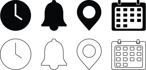 Flat simple illustrations of location, time, calendar, date, pin, clock, and bell icons set isolated on white background. 