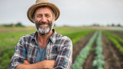 Fototapeta premium A man with a straw hat and a blue plaid shirt is smiling in front of a field of vegetables
