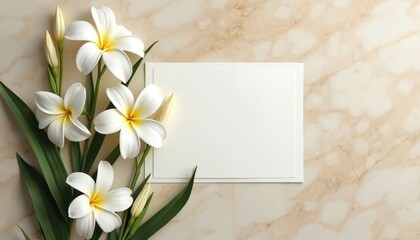 White tropical plumeria flowers, green leaves, buds sit on light beige marble surface. Clean blank white card offers ample copy space for text. Elegant floral design perfect for invites, wedding