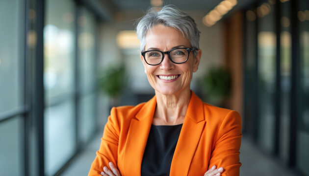 Mature businesswoman smiles at camera. Senior woman wearing glasses and bright orange suit in office environment. Professional female in corporate setting smiles showing confidence - Powered by Adobe