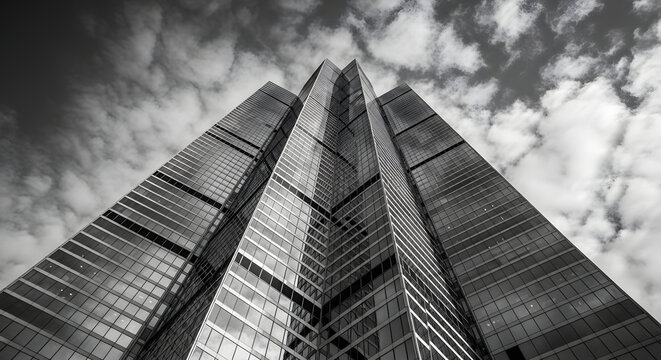 Low angle view of a tall skyscraper with glass windows against a cloudy sky in black and white