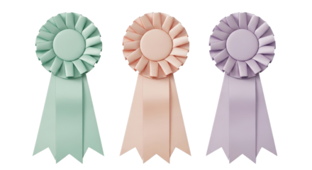 Set of three pastel colored award ribbons or rosette badges for achievement recognition. isolated PNG with Transparent Background