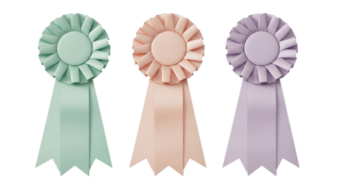 Set of three pastel colored award ribbons or rosette badges for achievement recognition. isolated PNG with Transparent Background