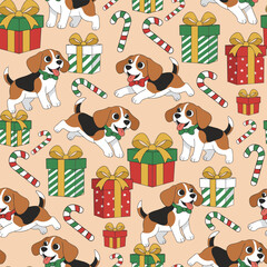 Christmas Dog Pattern Vector. Seamless Christmas Dog Pattern with Presents and Ribbons. Festive Gift seamless pattern Background.