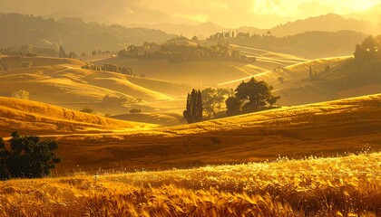 Obraz premium Golden light bathes rolling hills and fields of wheat. The sun creates a hazy atmosphere above the landscape. Trees dot the distance