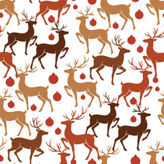 Christmas Reindeer Vector. Seamless Reindeer Pattern with Red Baubles. Elegant Winter seamless pattern Background.