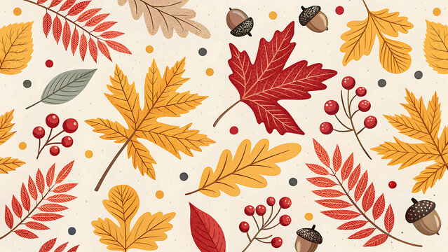 Autumn seamless pattern with leaves, acorns, and berries fall season background with maple, oak, and rowan leaves thanksgiving day backdrop with seasonal elements - Powered by Adobe