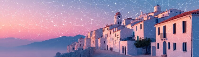 Light image depicting mobile network wires concept. Scenic village at dusk with beautiful architecture and mountains.