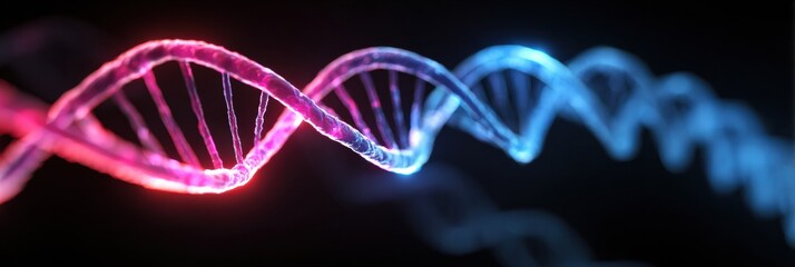Vivid depiction of a DNA double helix revealing the intricate pattern of genes and nucleotides, illuminated with vibrant colors against a dark backdrop