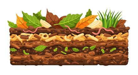 Cartoon Compost Pile with Leaves Worms and Organic Matter.