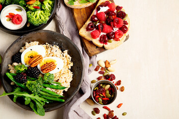 Breakfast superfoods, vegetarian food concept. Healthy lifestyle.