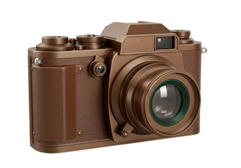Isolated vintage-style rangefinder camera, brown analog device for photography, retro design