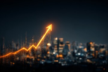 Dynamic orange arrow symbolizing growth and success over a blurred city skyline at night.