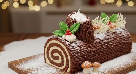 yule log cake (b&ucirc;che de No&euml;l), chocolate texture with festive d&eacute;cor