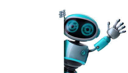 Robot is saying hello from the side of wall secluded on a plain background cut out png