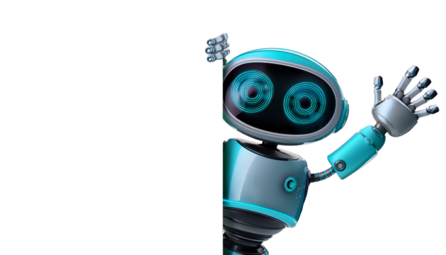 Robot is saying hello from the side of wall secluded on a plain background cut out png