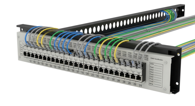 High-speed network connectivity patch panel hardware with colorful Ethernet cables for data center infrastructure isolated PNG with Transparent Background
