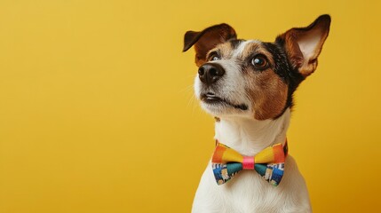 A jack russell terrier with a colorful bow tie against a yellow background looking up