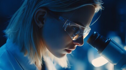 A focused scientist intently examines a sample under a microscope, illuminated by cool blue tones, conveying dedication and the pursuit of knowledge in a laboratory setting.