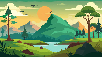 Fototapeta premium Vector art of scenic mountain landscape with a lake, trees, and birds flying in the sky