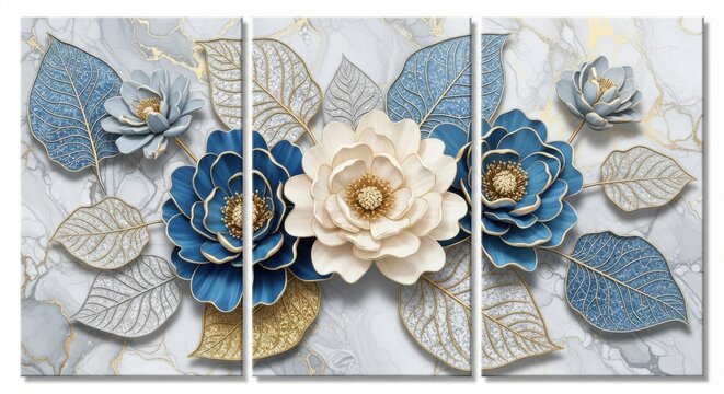 Elegant floral triptych wall art featuring blue and white flowers on marble background