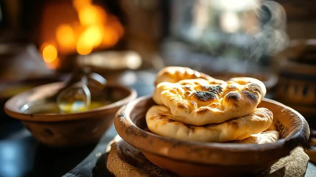 Traditional Maghrebi bread baked in clay oven, fresh steam, served with olive oil and harira soup, Tunisian home vibe, under gentle natural light, highlighting warm bread and rusti