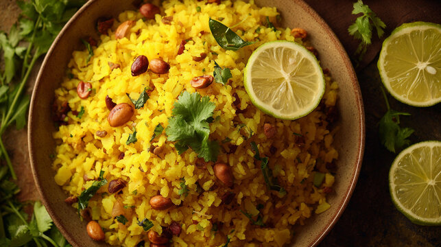 Poha or Flattened rice in Bowl, Healthy Indian breakfast Concept  