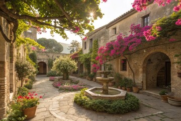Fototapeta premium Charming Courtyard With Blooming Flowers and a Tranquil Fountain at Sunset