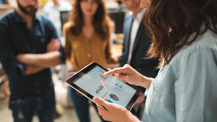 Woman Analyzing Business Data on Tablet During Team Meeting - Powered by Adobe