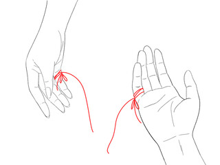 運命の赤い糸が切れた男女の手のイラスト　別れた恋人や離婚した夫婦の手のイラスト