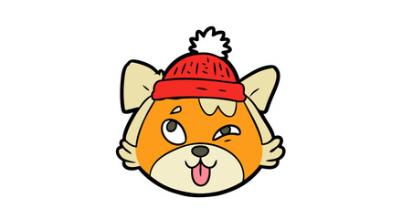 Obraz premium Cartoon Dog with Red Winter Hat and Tongue Out Winking Cartoon Vector Illustration
