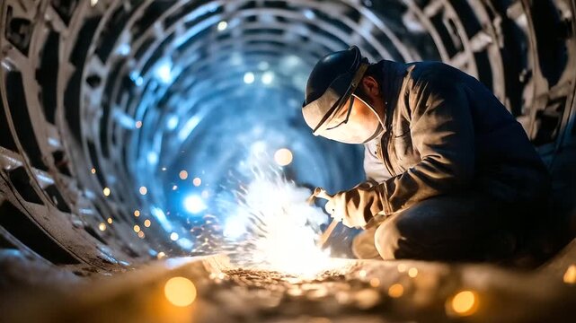 Worker welding inside a metro tunnel, sparks flying, cinematic lighting, under dramatic industrial light, highlighting intense focus and dynamic action, serene industrial scene, ca