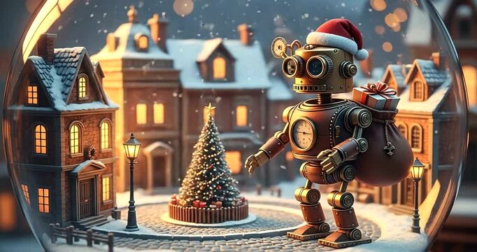 A vintage robot wearing a santa hat inside a snow globe with a village