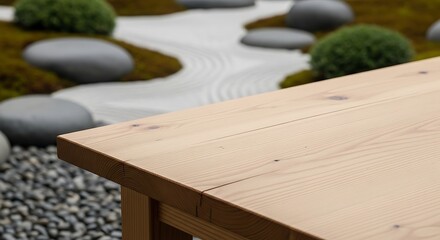 Wooden table corner with a blurred background of a serene Japanese zen garden with raked sand, stones, and moss.