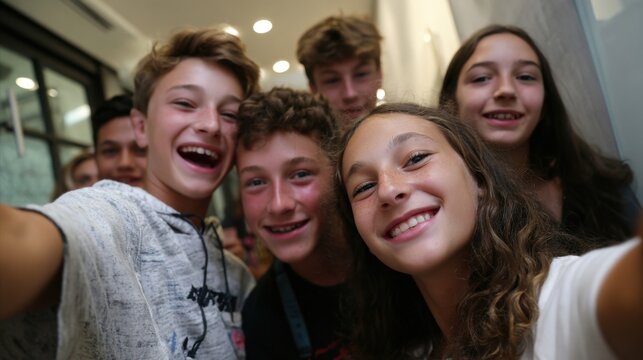 A group of young people are smiling for a picture. The girl in the middle is wearing a hoodie with the word "supreme" on it