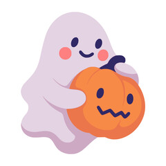 cute ghost character holding pumpkin halloween flat color vector illustration template design