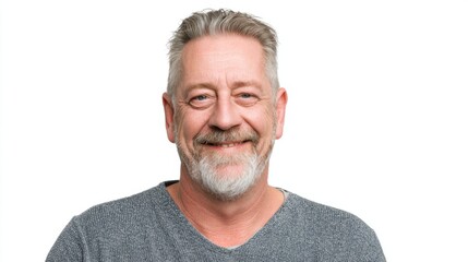 Obraz premium A man with a beard and gray hair is smiling and wearing a gray sweater. He looks happy and content