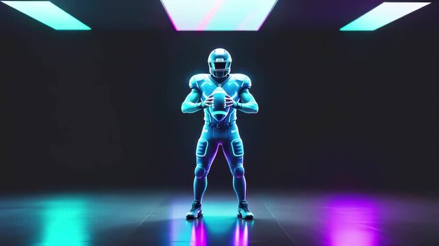 Futuristic glowing American football player holding ball. Push out shot of neon player of popular American game in futuristic setting.