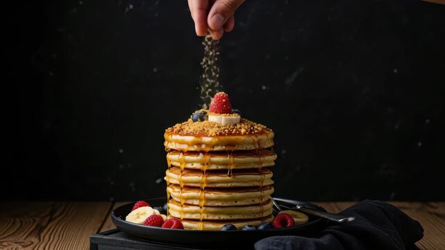 A stack of delicious pancakes is drizzled with syrup and topped with fresh fruit, a hand sprinkles crumbs on top, creating a visually appealing and tempting dessert ai generated vedio