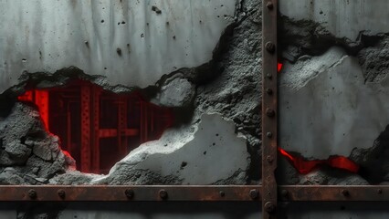 Old concrete wall with metal frame and red light shining through broken holes and textures