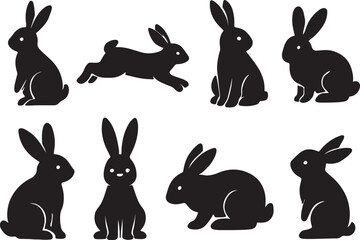 Flat vector illustration of cute rabbit silhouettes, various bunny poses
