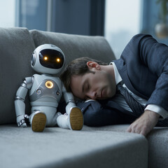 a photo of small humanoid robot, and a man in a suit has fallen asleep on a sofa, leaning to the robot