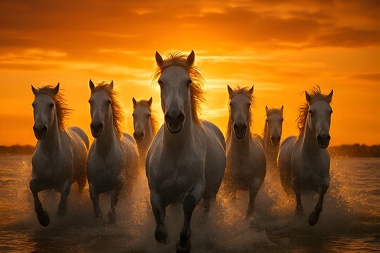 Seven majestic white horses galloping through water at a dramatic sunset