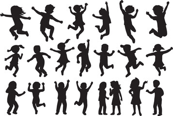 Set of different Vector silhouettes of joyful children jumping, playful energetic youth in motion, fun childhood activities, freedom, happiness, illustration design
