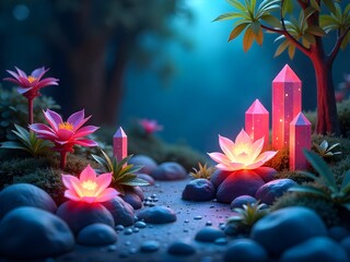 Enchanting mystical forest path illuminated by glowing pink crystals and luminous lotus flowers at twilight