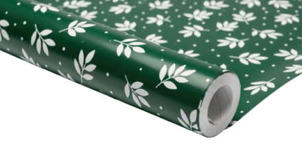 Green wrapping paper with white leaf pattern transparent background cutout png