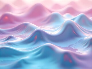 Abstract flowing waves of pastel pink and blue iridescent liquid creating a dreamy and ethereal landscape