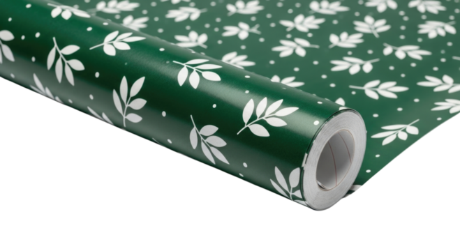 Green wrapping paper with white leaf pattern transparent background cutout png